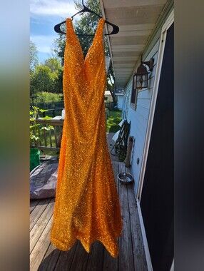 Tangerine Sparkle V-Neck Mermaid Gown